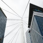 a view of two tall buildings from the ground